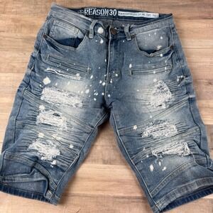 Reason Men's 30 Denim Shorts Destressed Paint Splatter 9" Inseam